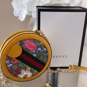 Gucci Yellow Floral GG Supreme Round Crossbody Bag